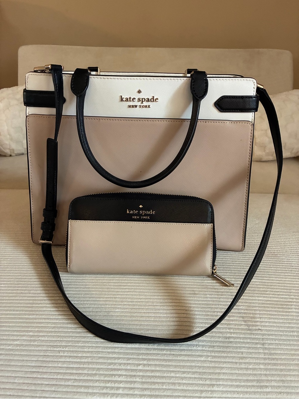 kate spade Two-Tone Cream, Beige & Black Tote with Matching Zip Wallet